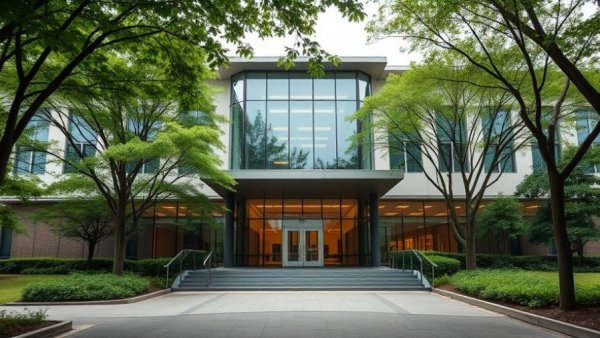 Houston education news building entrance surrounded by trees.