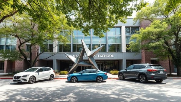 Modern school building managed by non-profit, with parked cars.