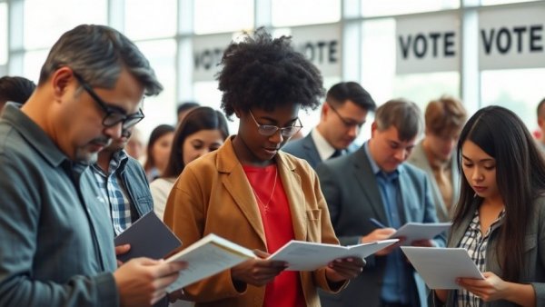 Diverse group filling out forms in voting room, Texas voter purge lawsuit context.