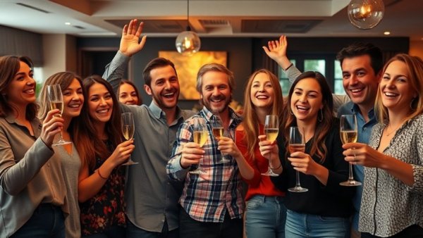 Happy group celebrating with champagne indoors, Austin lifestyle