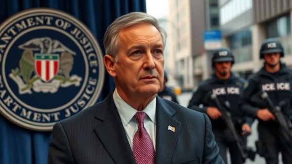 US news articles illustration with DOJ official and ICE officers