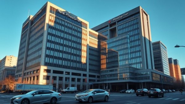 NewYork-Presbyterian hospital buildings in urban setting, bright day.