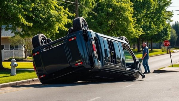 Overturned SUV in a suburban street with daytime lighting, Tiger Woods DUI arrest context.