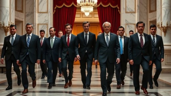 Group in suits walk through elegant government building, DHS funding bill.