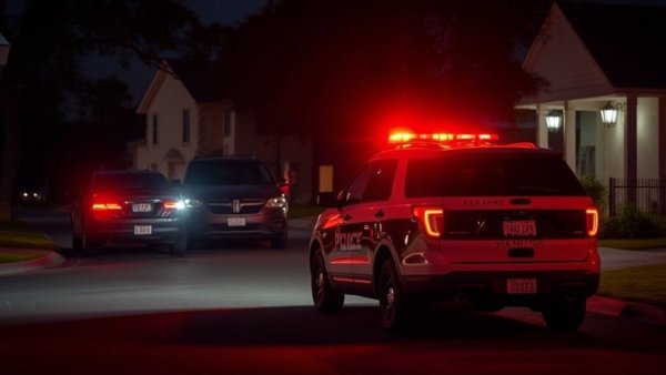 San Antonio police SUV at night with red lights, suburban setting.