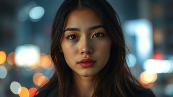 San Antonio news young female's portrait with city lights background.