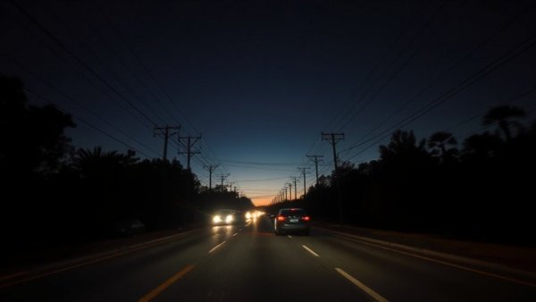 San Antonio power outages road scene with tilting power lines.