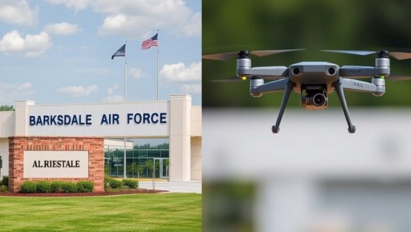 Barksdale Air Force Base entrance and unauthorized drone in flight.