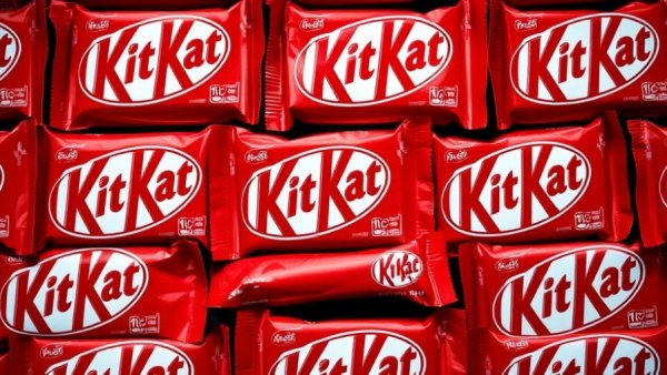 Multiple KitKat bars arranged closely, red packaging highlighted.