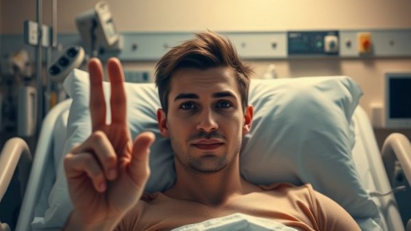 Young man with calm expression in hospital bed, colorectal cancer context.