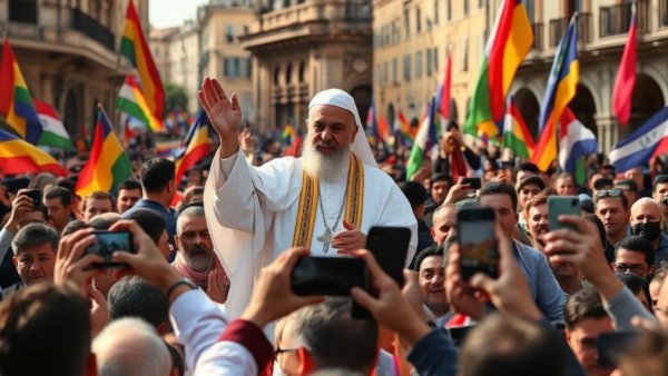 Pope Leo XIV among a crowd with flags in Monaco.