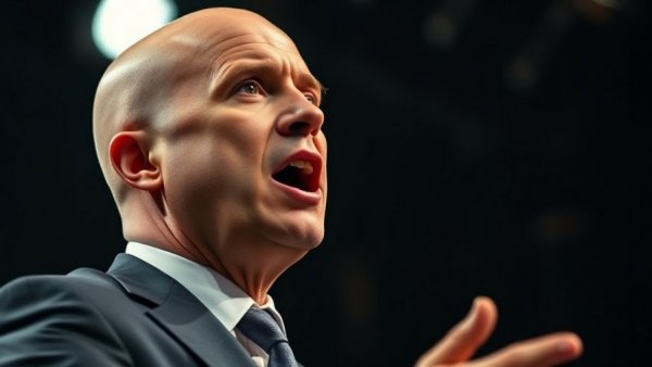 Bald man discussing national news headlines on stage with intense expression.