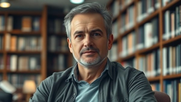 Historian discussing John Quincy Adams biography in a library.