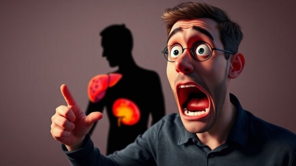 Shocked reaction to diseased liver illustration, bright colors.