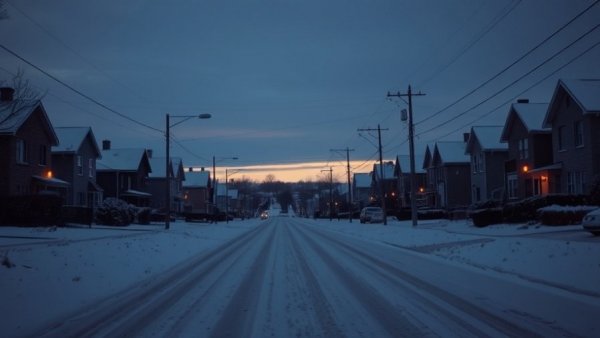 Snow-covered Texas street at dusk reflecting winter storm.