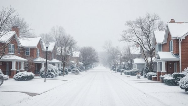 Suburban neighborhood in snowfall, serene winter scene.