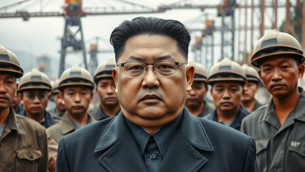 North Korean laborers in Russia with political figure in foreground.