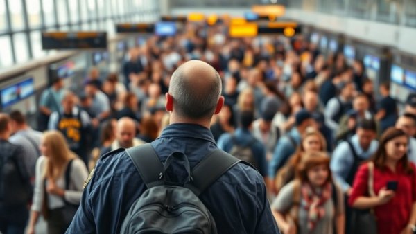 TSA workers amid busy airport travelers, emphasizing TSA workers paychecks.