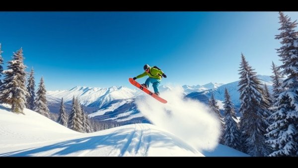 Snowboarders mid-jump near collision on a sunny mountain.