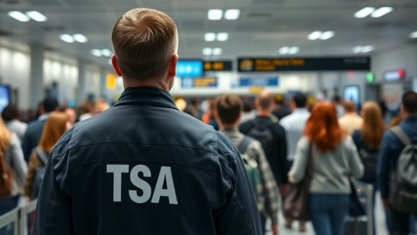 Crowded airport TSA scene with travelers; paycheck context.