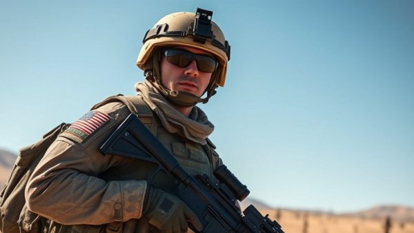 US troops arrive in Middle East: Soldier in full gear and rifle with a sky backdrop.