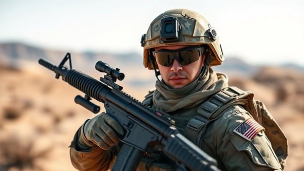 US soldier in the Middle East in combat gear for military deployment.