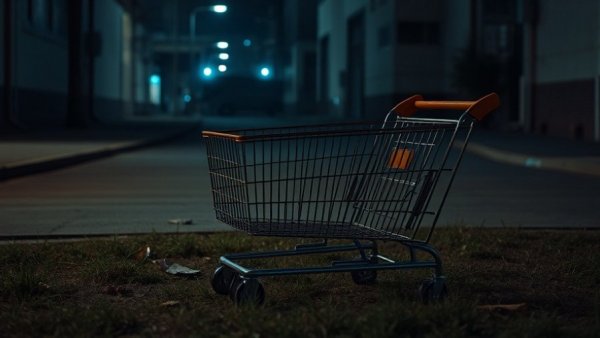 Abandoned shopping cart on a dimly lit Houston street at night.