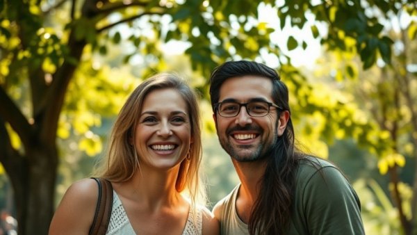 Friendly duo outdoors amidst greenery.