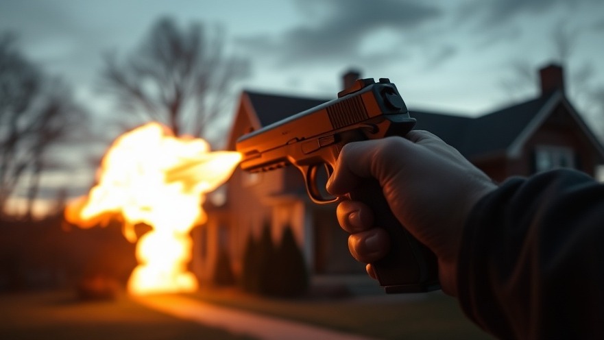 Pistol firing at a house with flames, capturing Houston breaking news on crime.