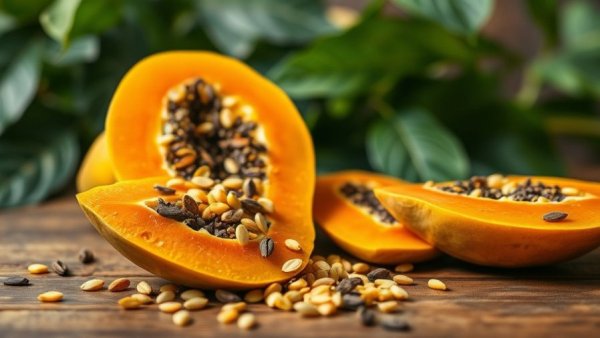 Papaya seeds showcasing health benefits on a wooden table
