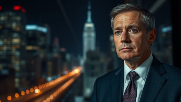 Man on TV screen discussing Cold War Never Ended, blurred cityscape.