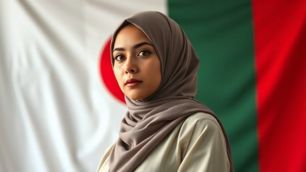 Woman in hijab against colorful flag backdrop, Ilhan Omar extradition concept.
