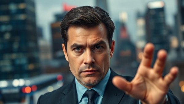 Serious male news anchor with cityscape background, cold war never ended context.