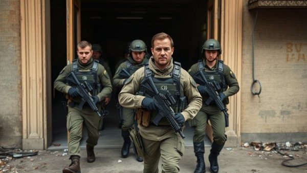 Soldiers in tactical gear exiting building, IDF situation.