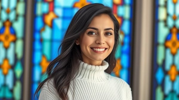 Woman smiling in front of blue stained glass, immigration policies.