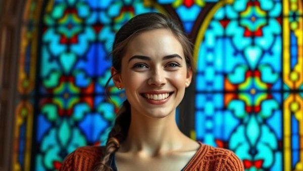 Young woman smiling in front of vibrant blue stained glass, Sheridan Gorman immigration policies tragedy.