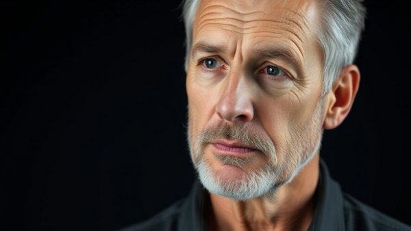 Middle-aged man with a thoughtful look against a dark backdrop.