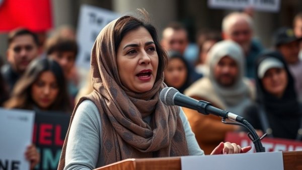 Middle Eastern woman addressing a protest, news in the US.