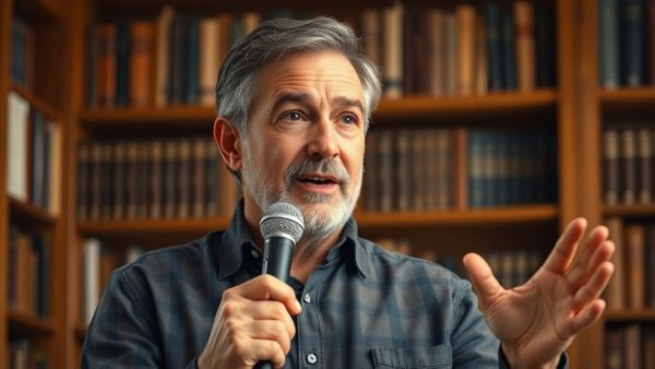 Middle-aged man discussing health in a warm library setting.
