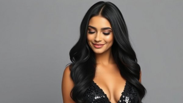 Elegant woman wearing a black dress in a studio setting