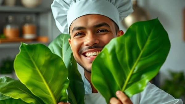 Rising star chef smiling with leafy greens in Austin kitchen.