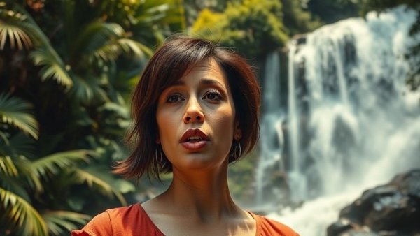 Concern over storms in Hawaii discussed by woman with waterfall backdrop.