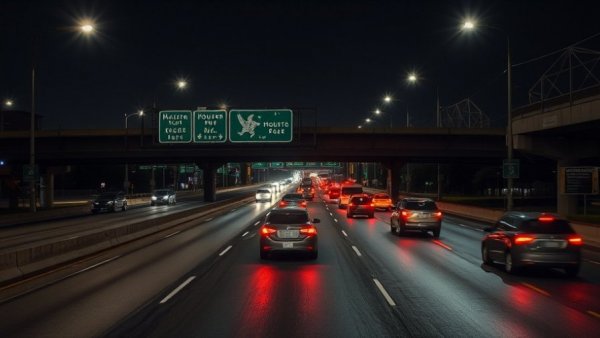 Houston highway at night with traffic and signage.