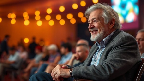 Distinguished man discussing Texas Railroad Commission election at festival.