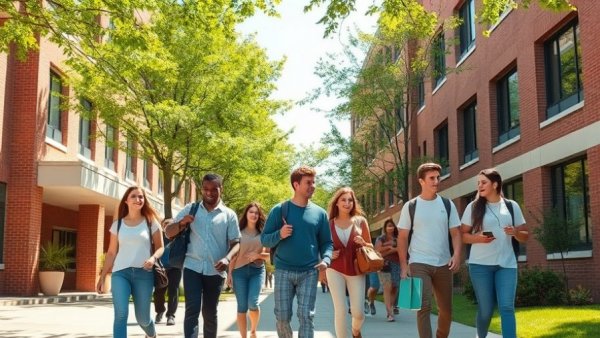 Students walking past Texas university student center on sunny day.