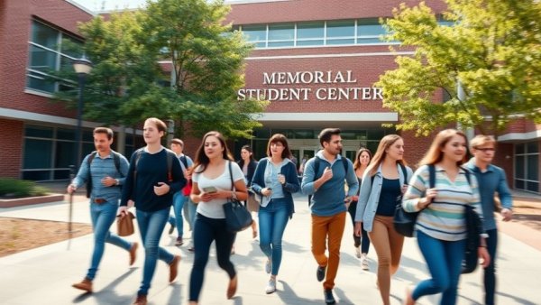 College students walk near Memorial Student Center in Texas campus.