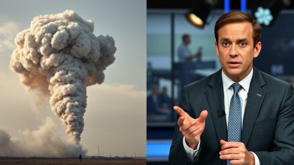 US strategy on Iran's nuclear threat shown on news with smoke and newscaster.