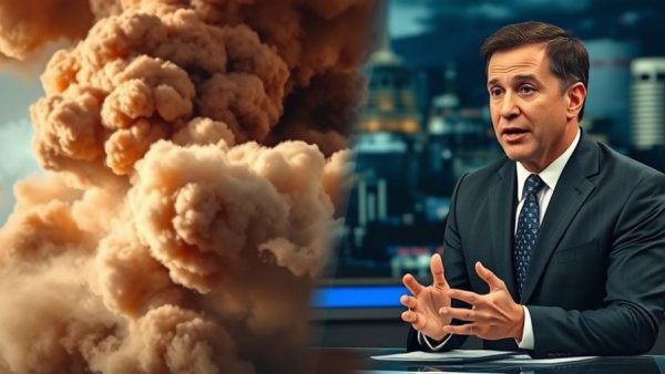 US News today featuring a split image of smoke cloud and news anchor.
