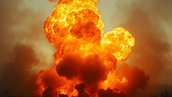 Fiery explosion scene highlighting US-Iran relations tension.