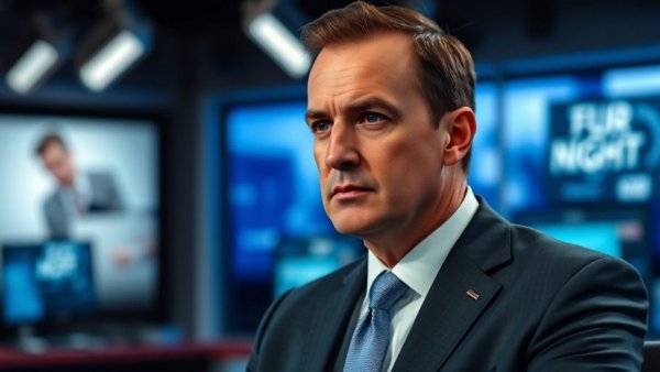 Serious man in a suit during a TV interview on a news channel.